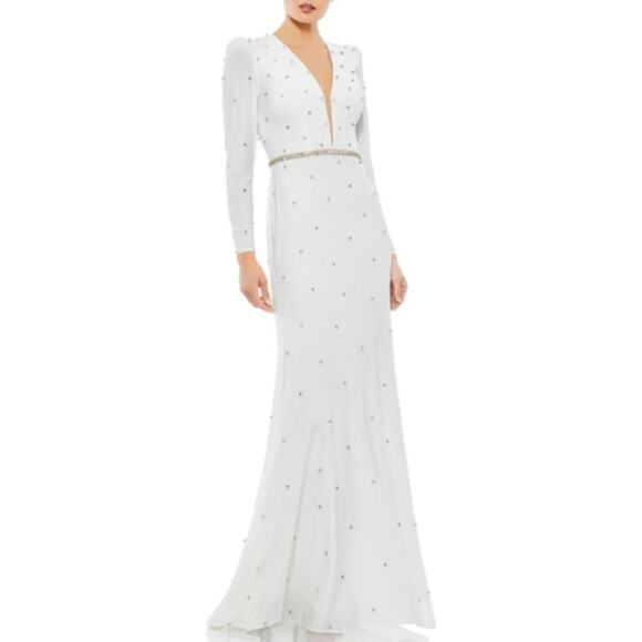 Mac Duggal White Belted Jewel Encrusted Plunge Neck Long Sleeve Gown Size 10 - Picture 1 of 10